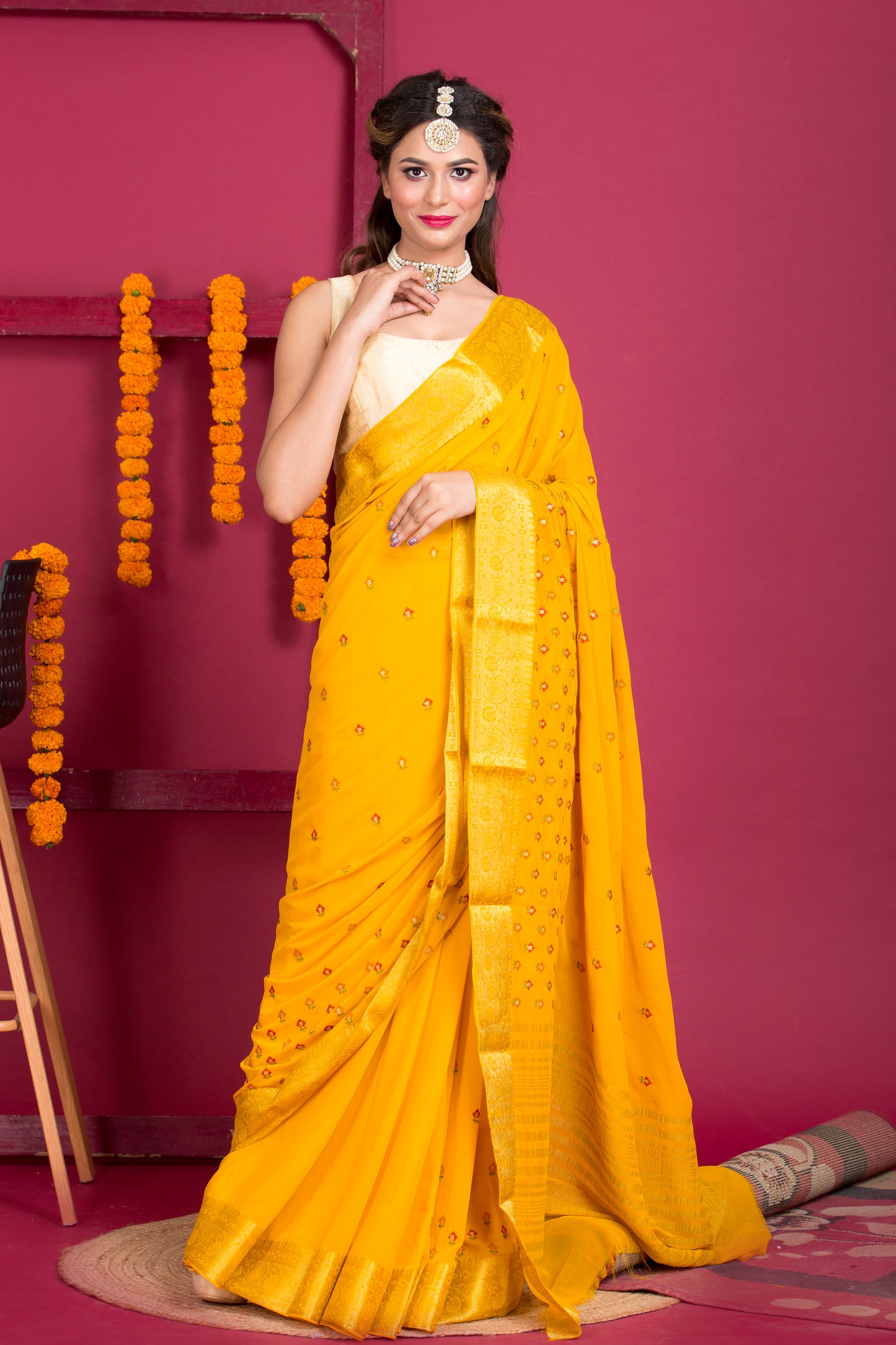 Mustard Chiffon Thread Work Saree