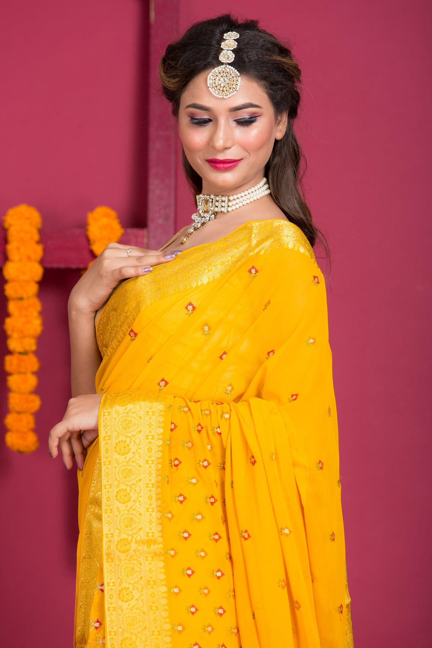 Mustard Chiffon Thread Work Saree