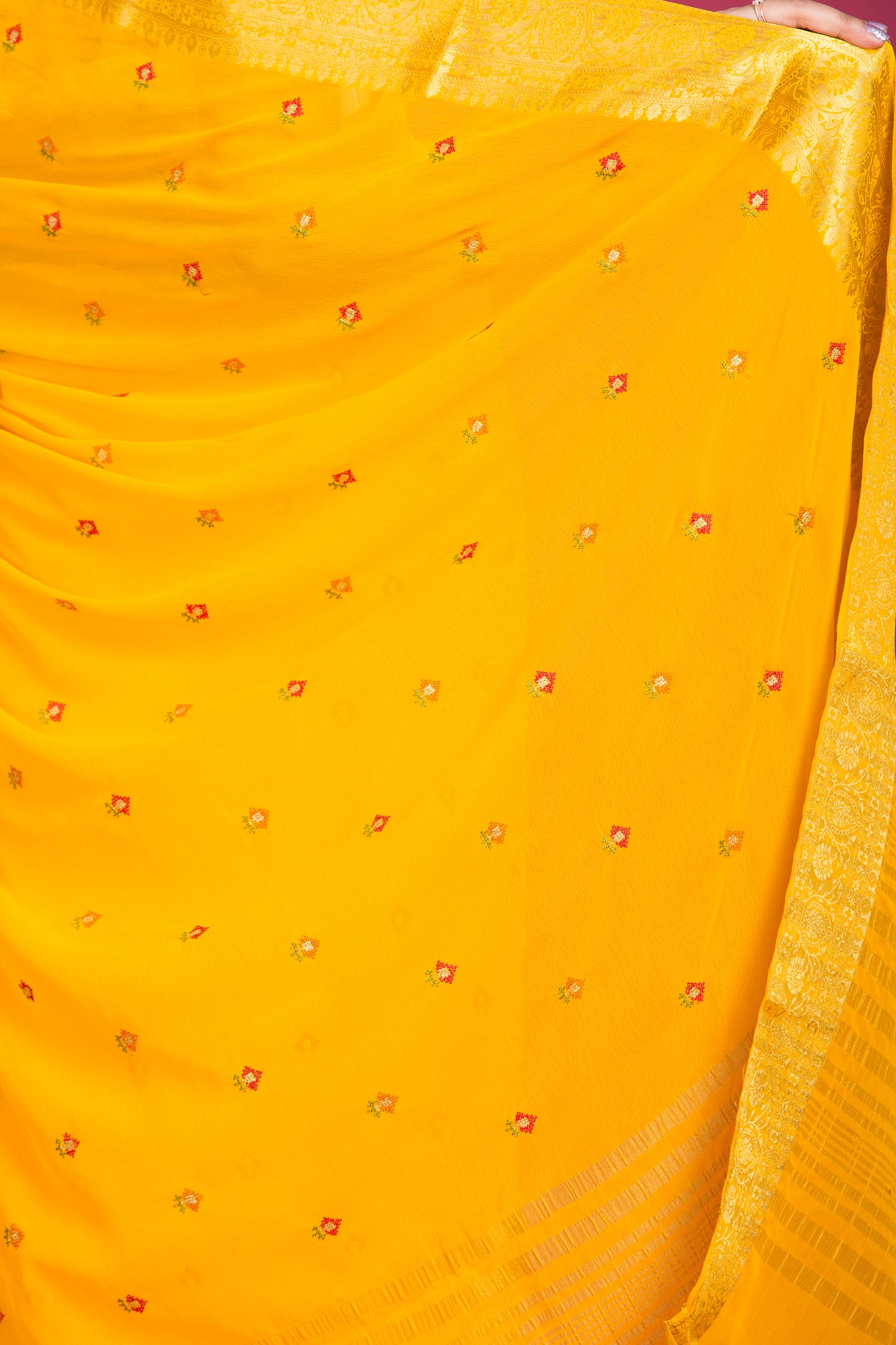 Mustard Chiffon Thread Work Saree