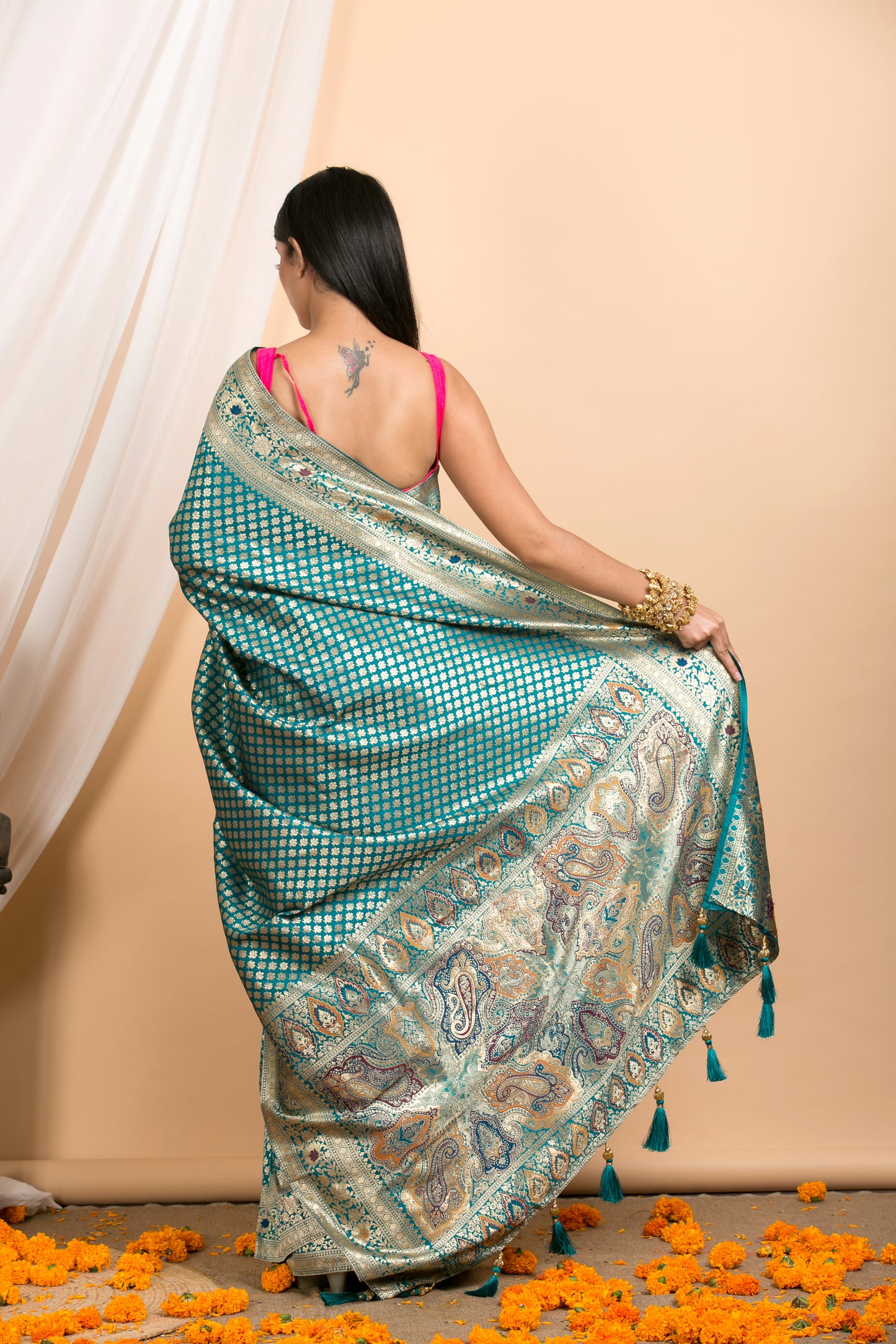 Blue Floral Banarasi Saree