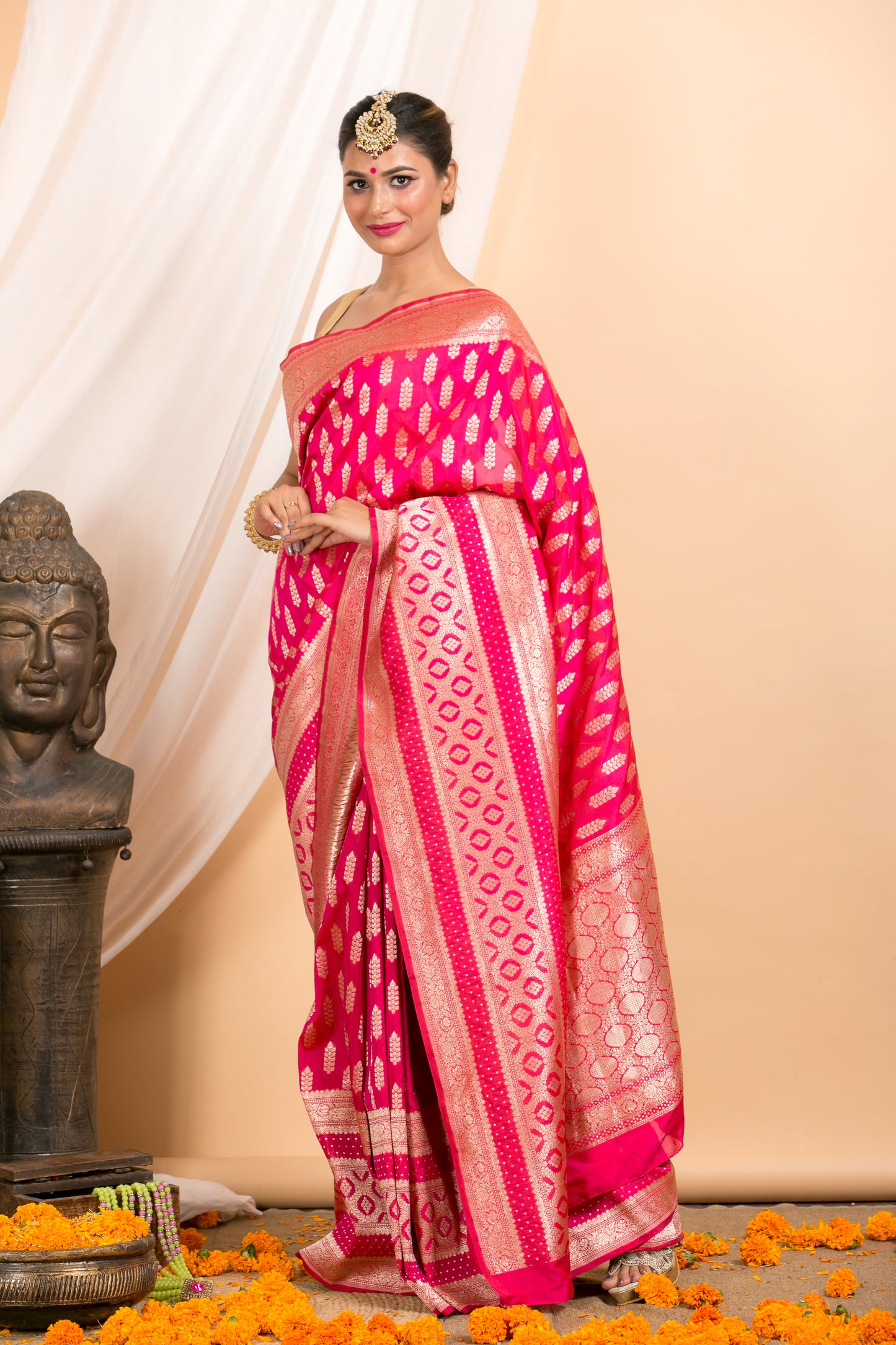 Dark pink Banarasi silk Saree