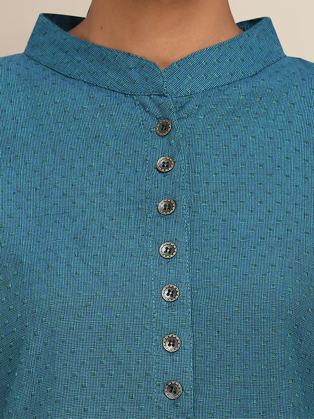 Blue Self Print Cotton Kurta