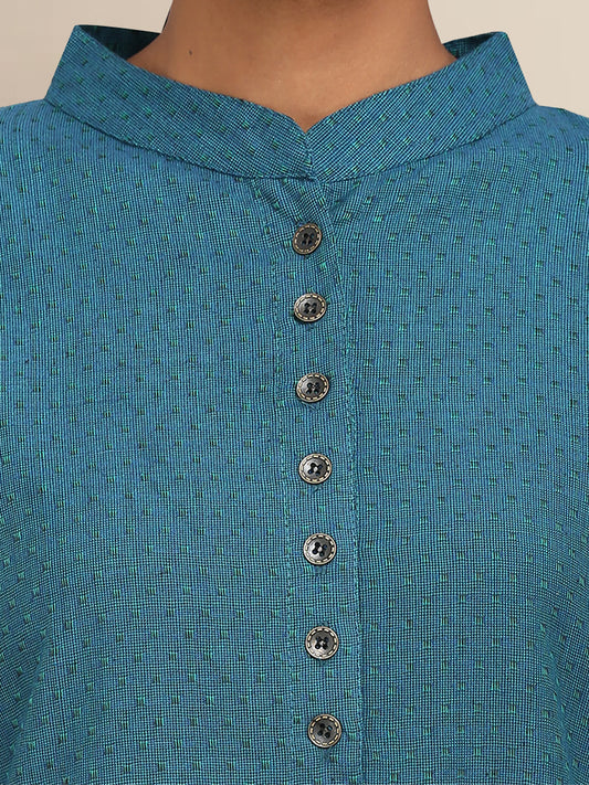 Blue Self Print Cotton Kurta