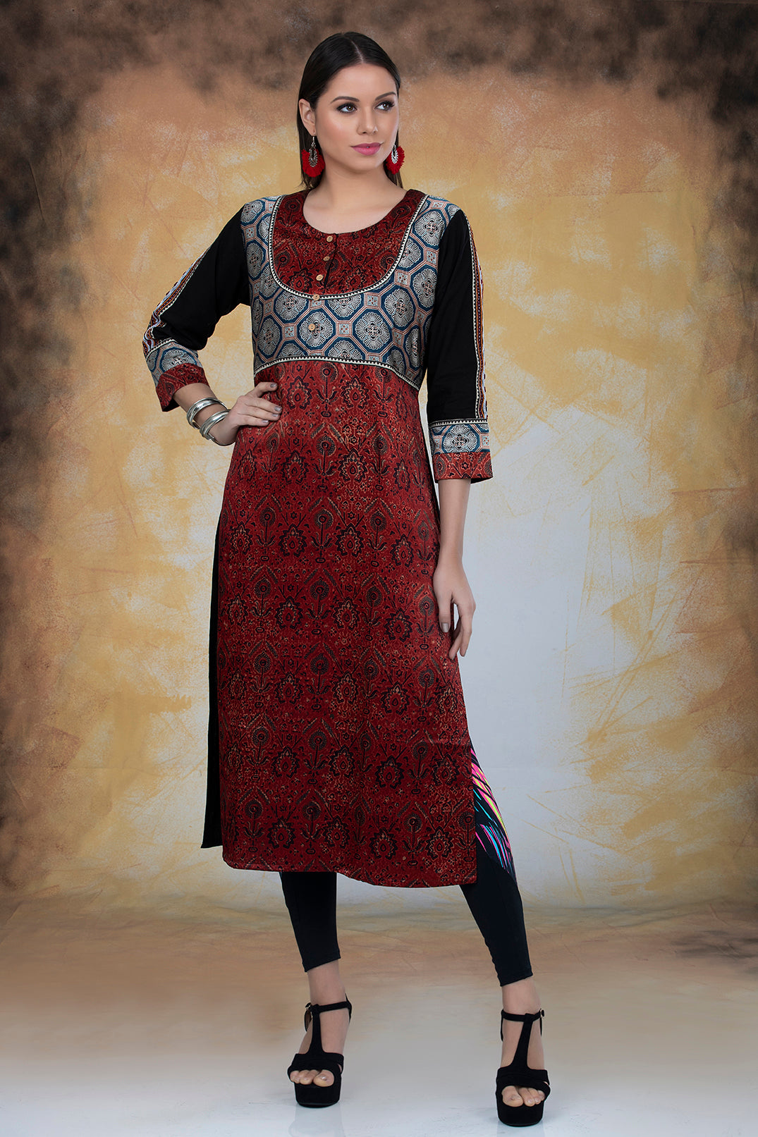 Brown Modal Silk Ajrakh Print Kurta