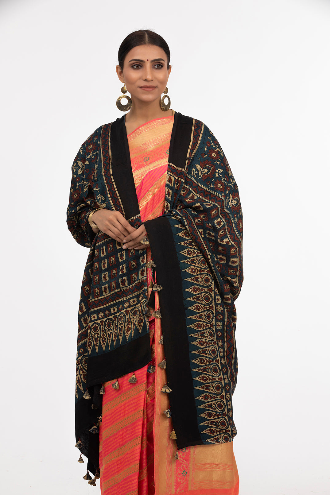 Black Modal Silk With Ajrak Print Dupatta.