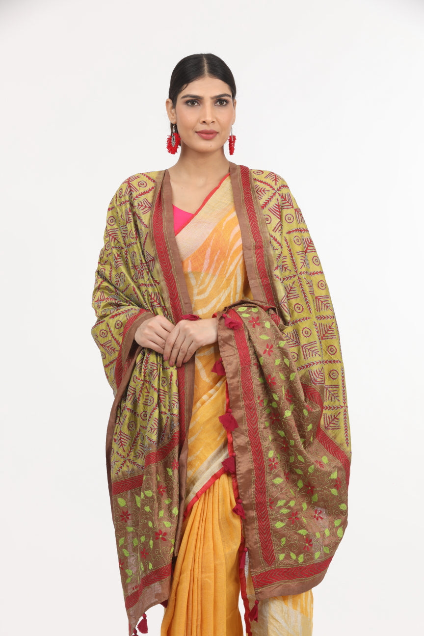 Green Kantha Work Silk Dupatta