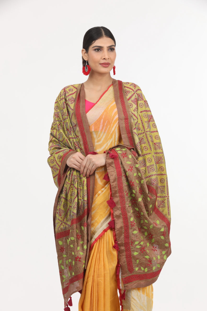 Green Kantha Work Silk Dupatta