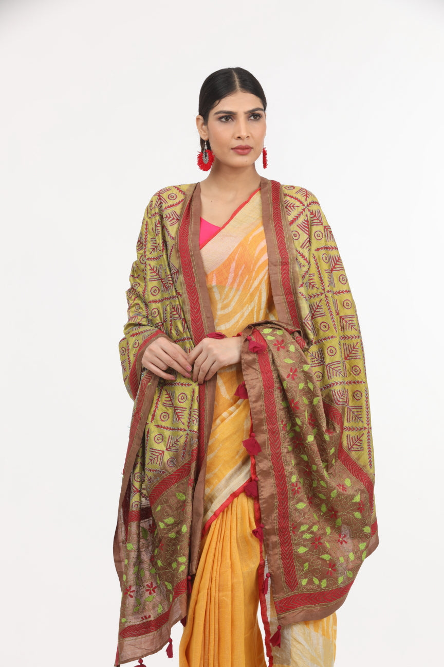 Green Kantha Work Silk Dupatta