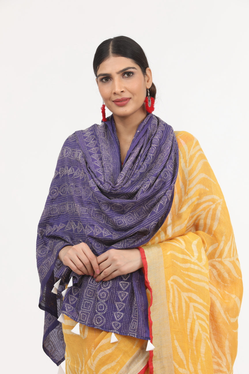 Blue Kantha Work Silk Dupatta