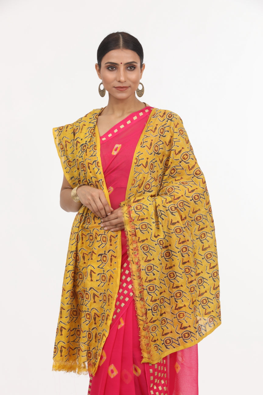Mustard Kantha Work Silk Dupatta.