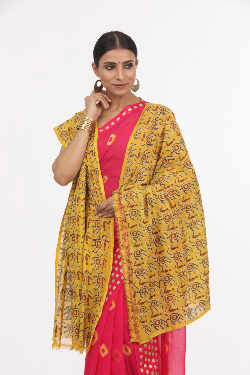 Mustard Kantha Work Silk Dupatta.