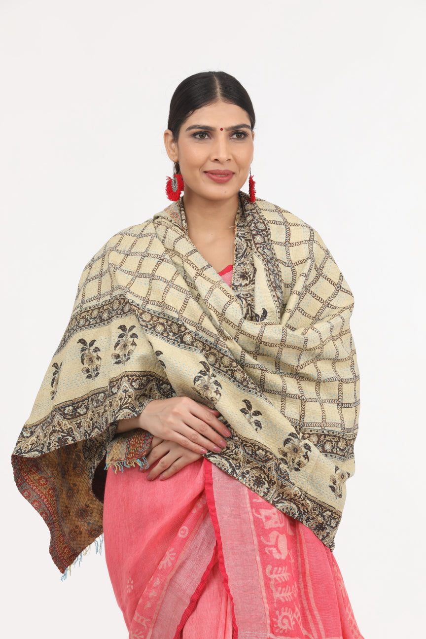 Off White Kantha Work Silk Dupatta.