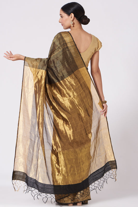 Black Kosa Full Striped & Plain Golden Zari Pallu Saree