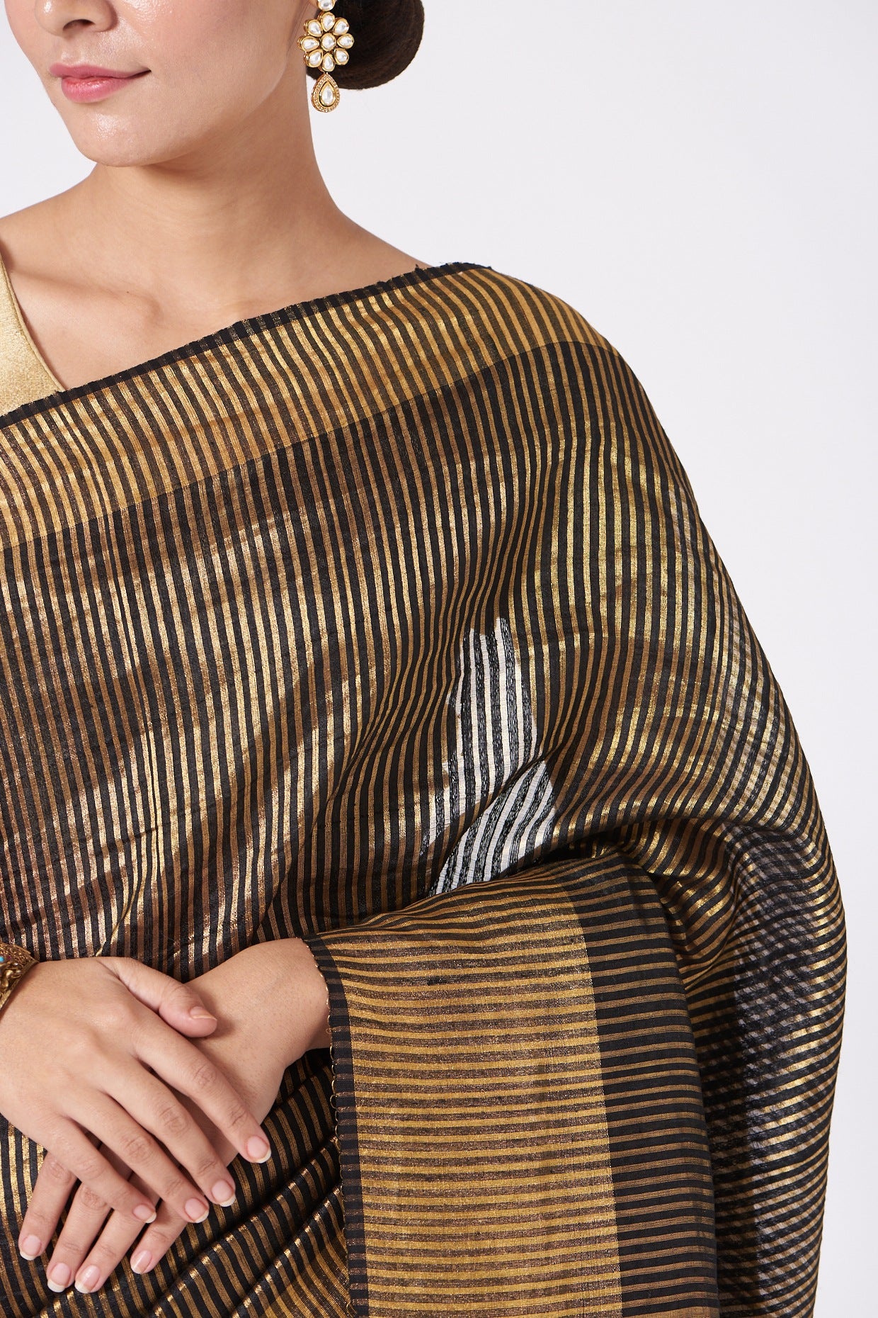 Black Kosa Full Striped & Plain Golden Zari Pallu Saree