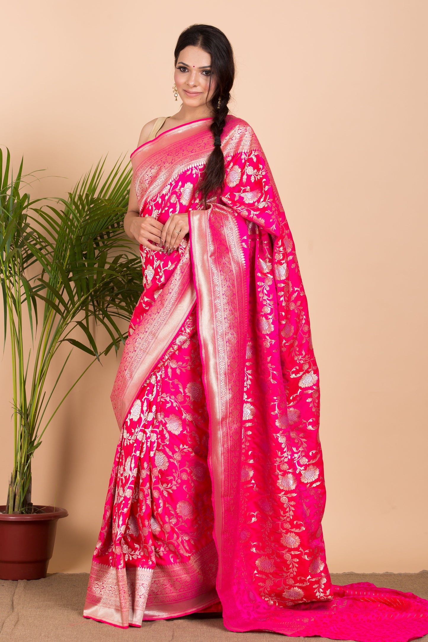 Pink Floral Gold Zari Print Banarasi Silk Saree