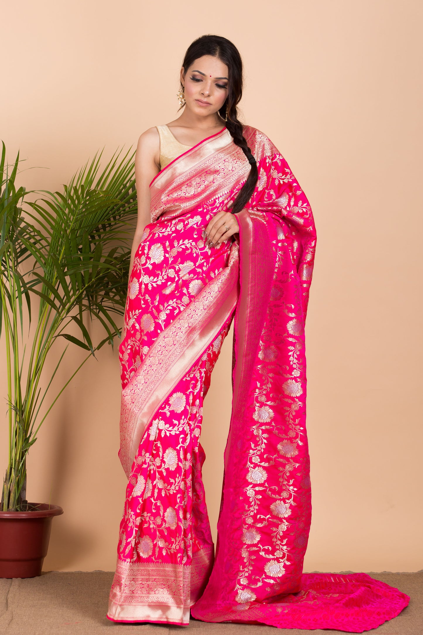 Pink Floral Gold Zari Print Banarasi Silk Saree