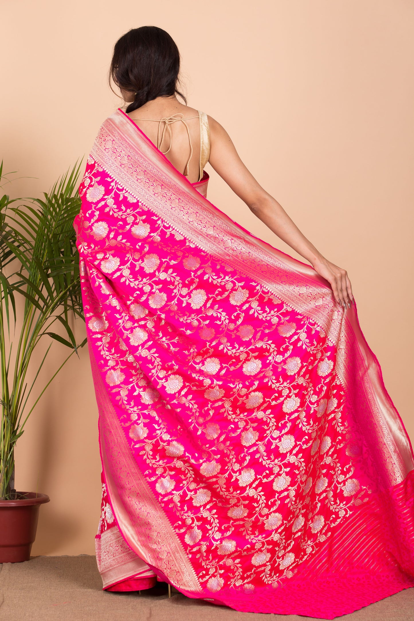 Pink Floral Gold Zari Print Banarasi Silk Saree