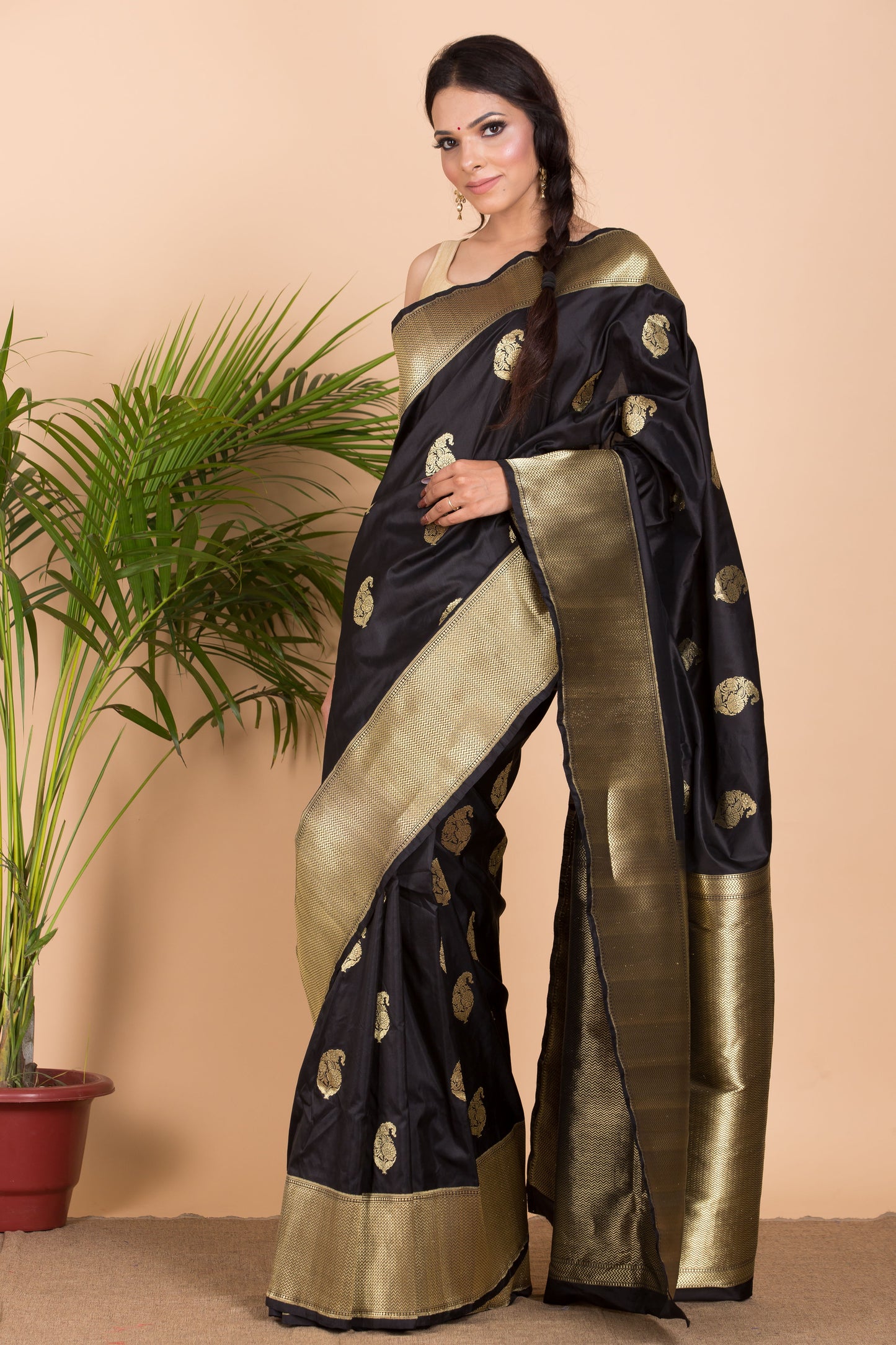 Black Katan Silk Saree With Karua Buti.