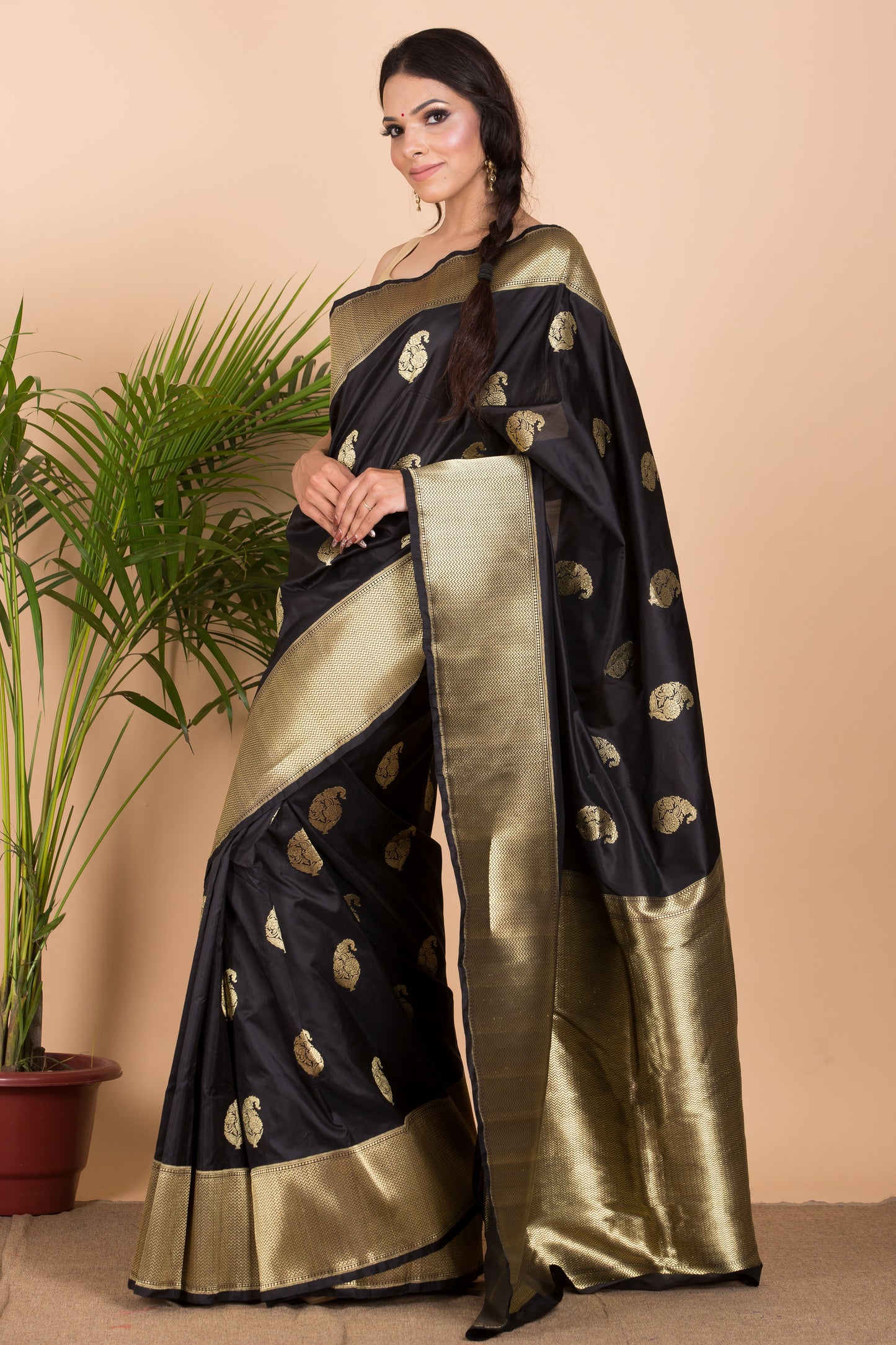 Black Katan Silk Saree With Karua Buti.