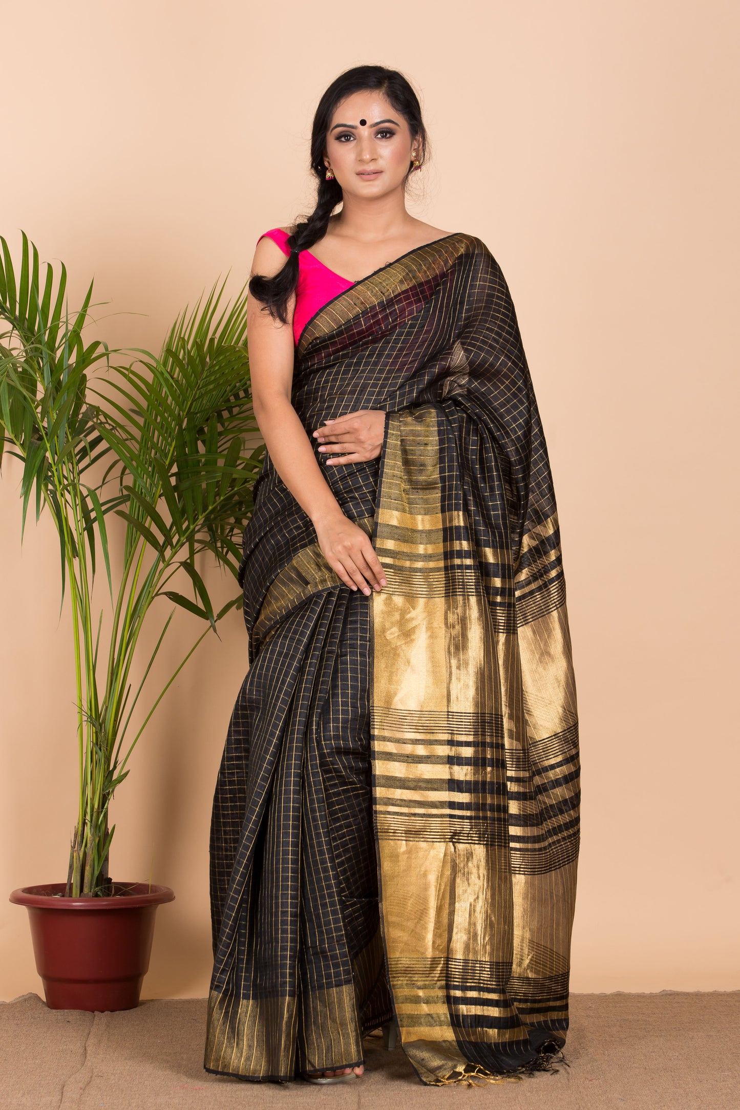 Black Check Kosa Silk Saree
