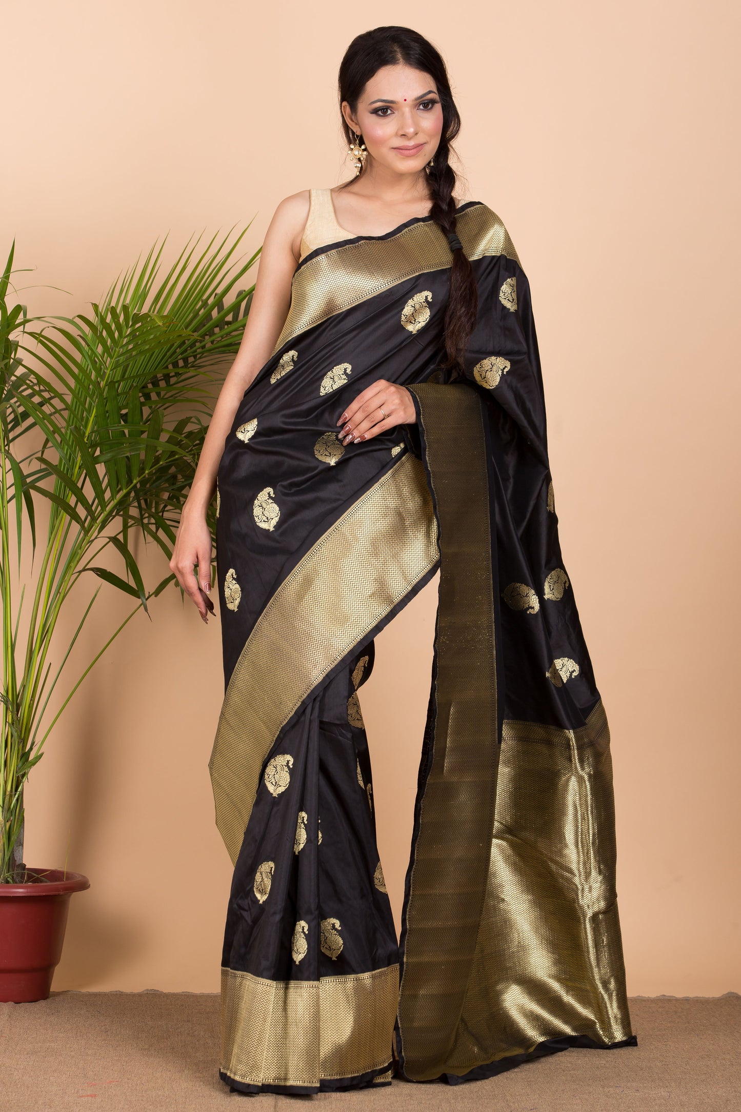 Black Katan Silk Saree With Karua Buti.
