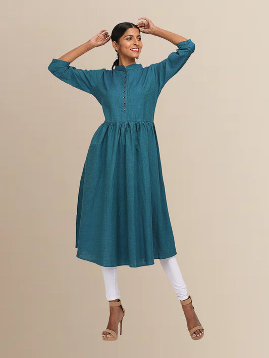 Blue Self Print Cotton Kurta