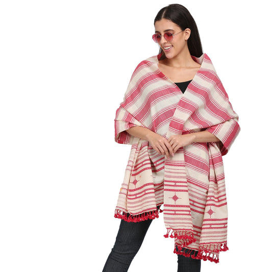 Off White With Red Striped Bhujaudi Hand Woven Shawl