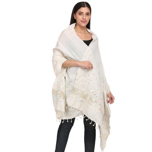 Off White Embroidered Bhuj Cotton Shawl