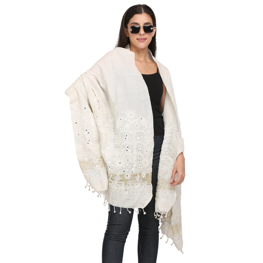 Off White Embroidered Bhuj Cotton Shawl