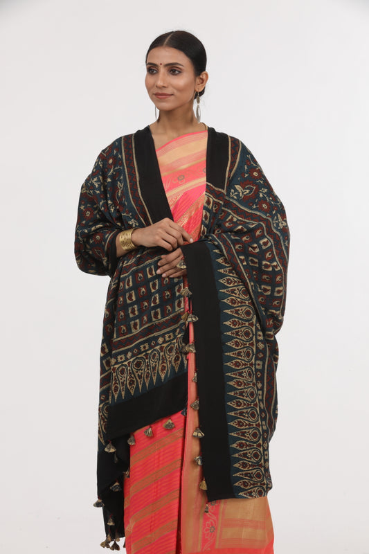 Black Modal Silk With Ajrak Print Dupatta.