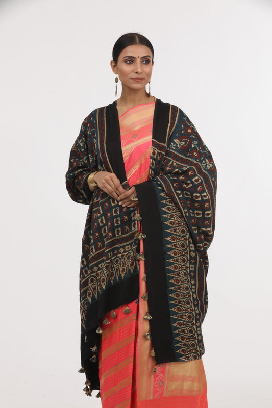 Black Modal Silk With Ajrak Print Dupatta.