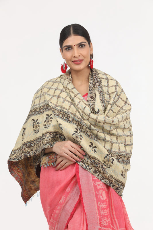 Off White Kantha Work Silk Dupatta.
