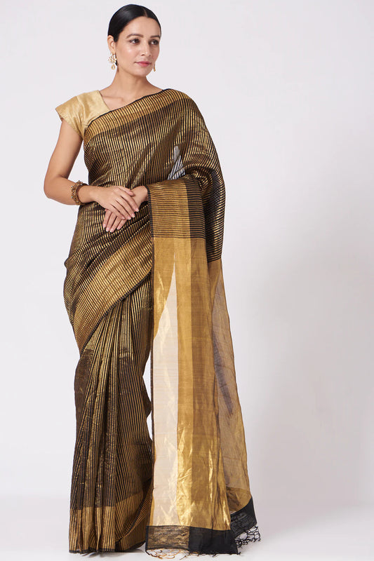 Black Kosa Full Striped & Plain Golden Zari Pallu Saree