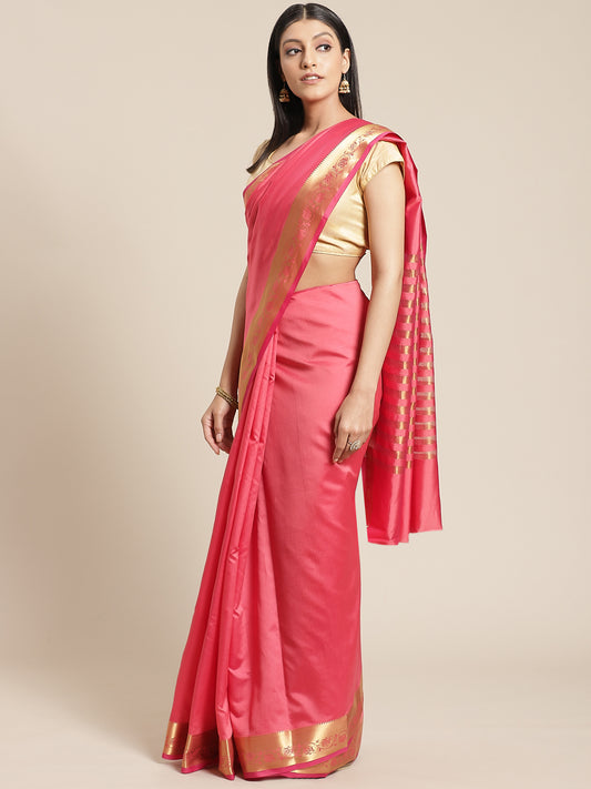 Plain Pink Saree With Zari Border,