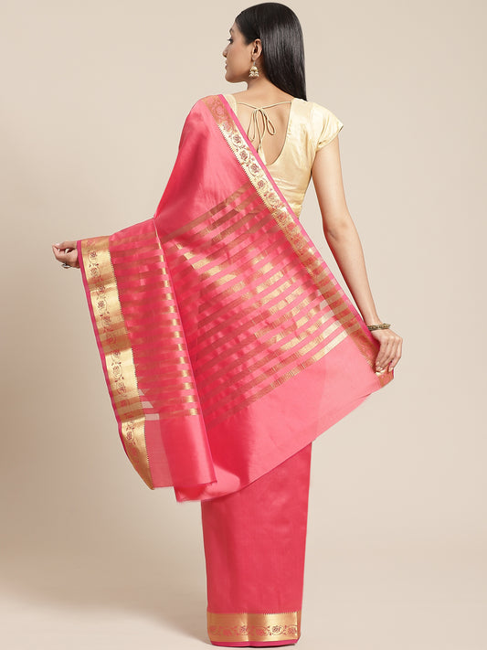 Plain Pink Saree With Zari Border,