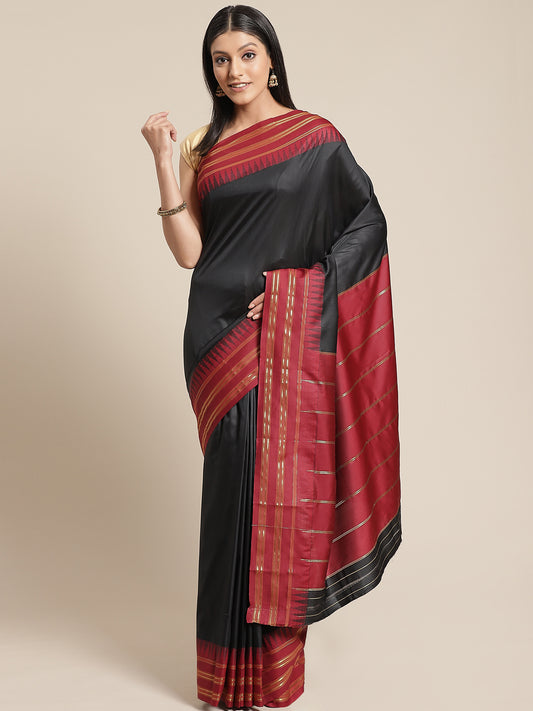 Black Silk Saree With Red Temple border
