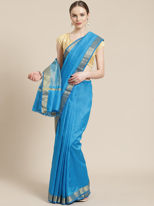 Plain Blue Saree With Zari Border And Zari Pallu