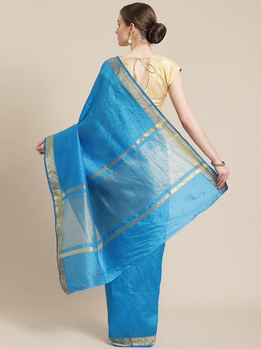 Plain Blue Saree With Zari Border And Zari Pallu